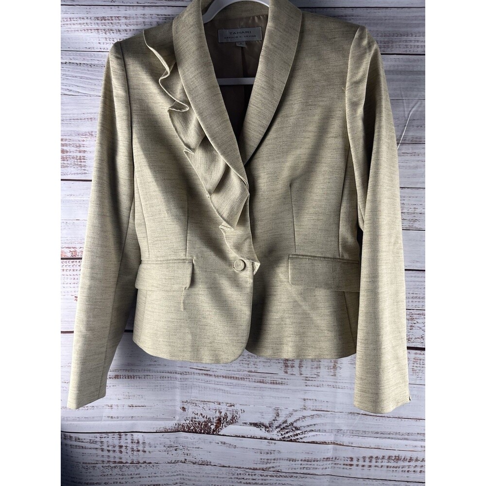 Tahari Blazer Womens 4 Tan Asymmetric Ruffle Snap Up Office Career Work
